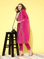 Sangria Women Leheriya Printed Regular Thread Work Kurta with Trousers & With Dupatta | Grocsy