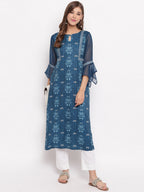 Janasya Women Blue Floral Printed Straight Kurta | Grocsy