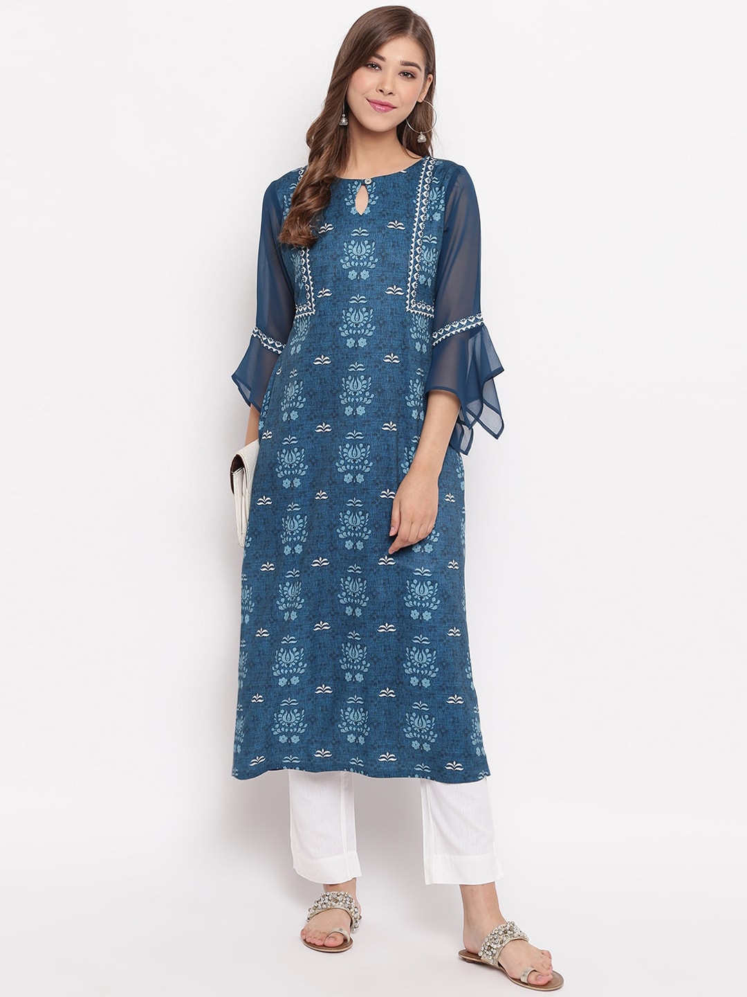 Janasya Women Blue Floral Printed Straight Kurta | Grocsy