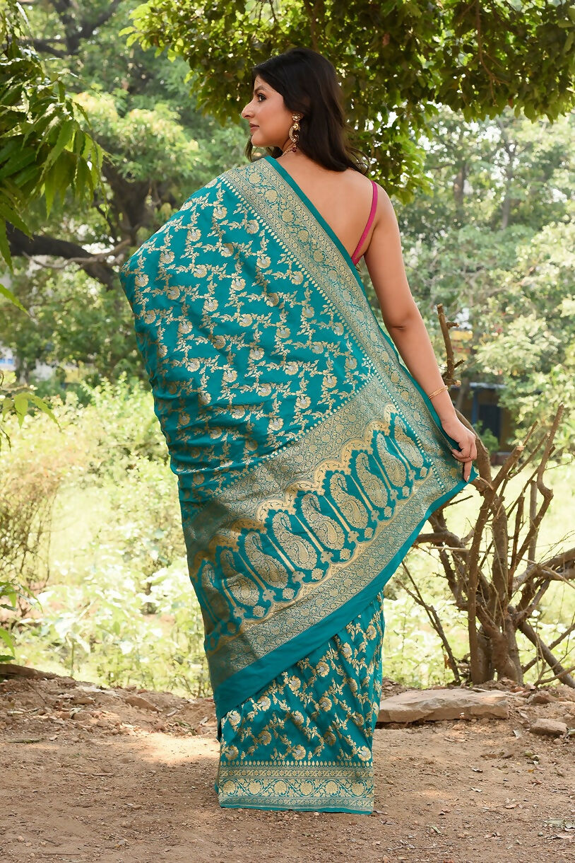 Joban Fashion Green Banarasi Soft Pure Handloom Banarasi Silk Saree | Grocsy