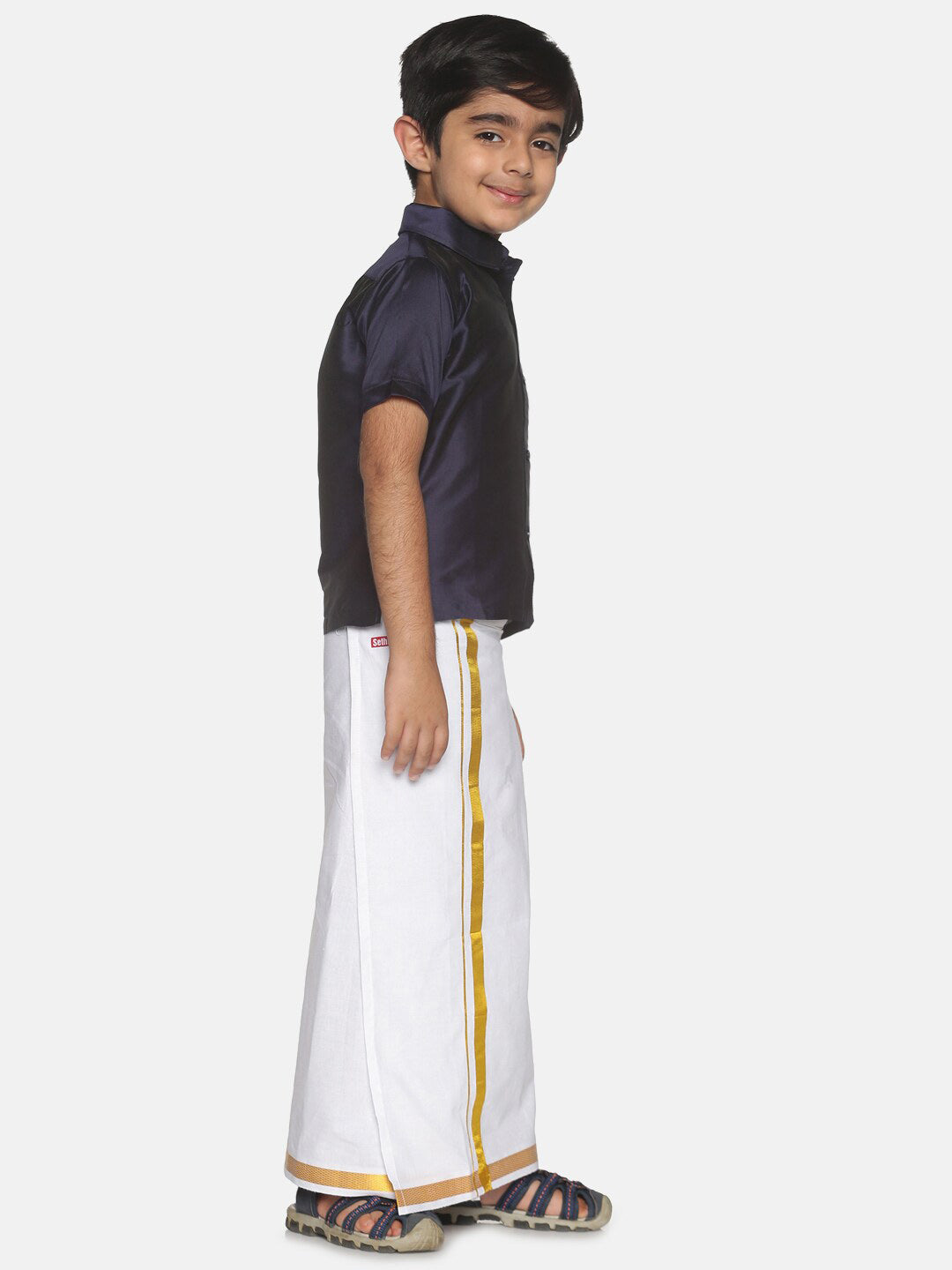 Sethukrishna Boys Navy Blue & White Shirt with Dhoti | Grocsy
