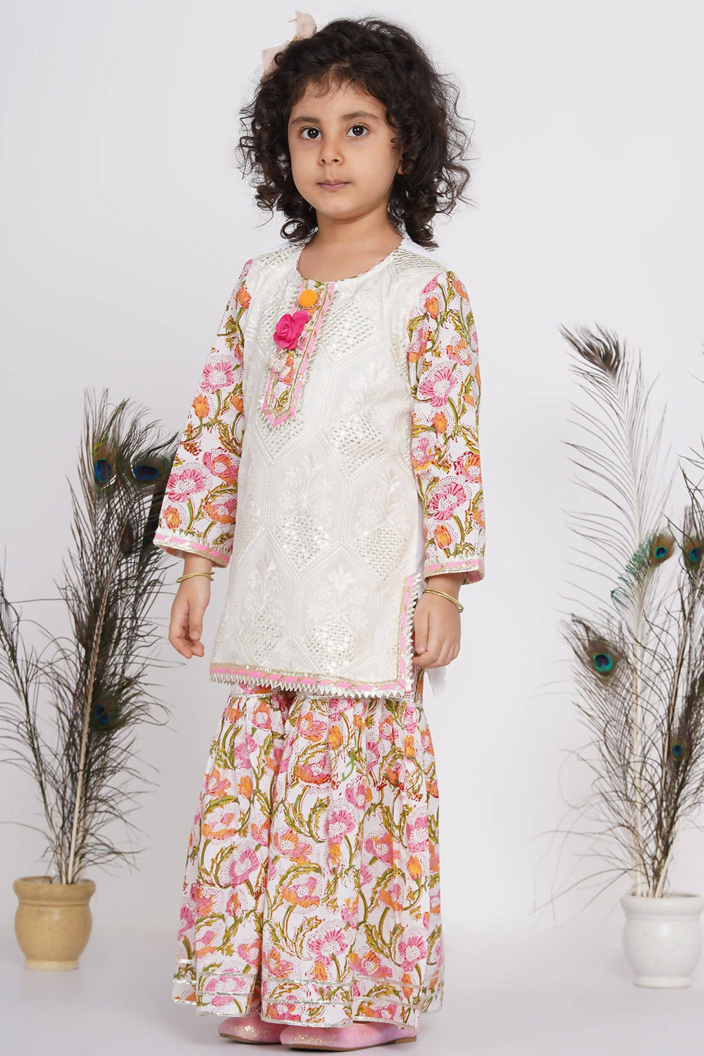 Little Bansi Girls Cotton Floral work Kurta with Floral Sharara & Dupatta - White | Grocsy