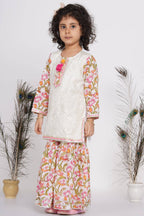 Little Bansi Girls Cotton Floral work Kurta with Floral Sharara & Dupatta - White | Grocsy