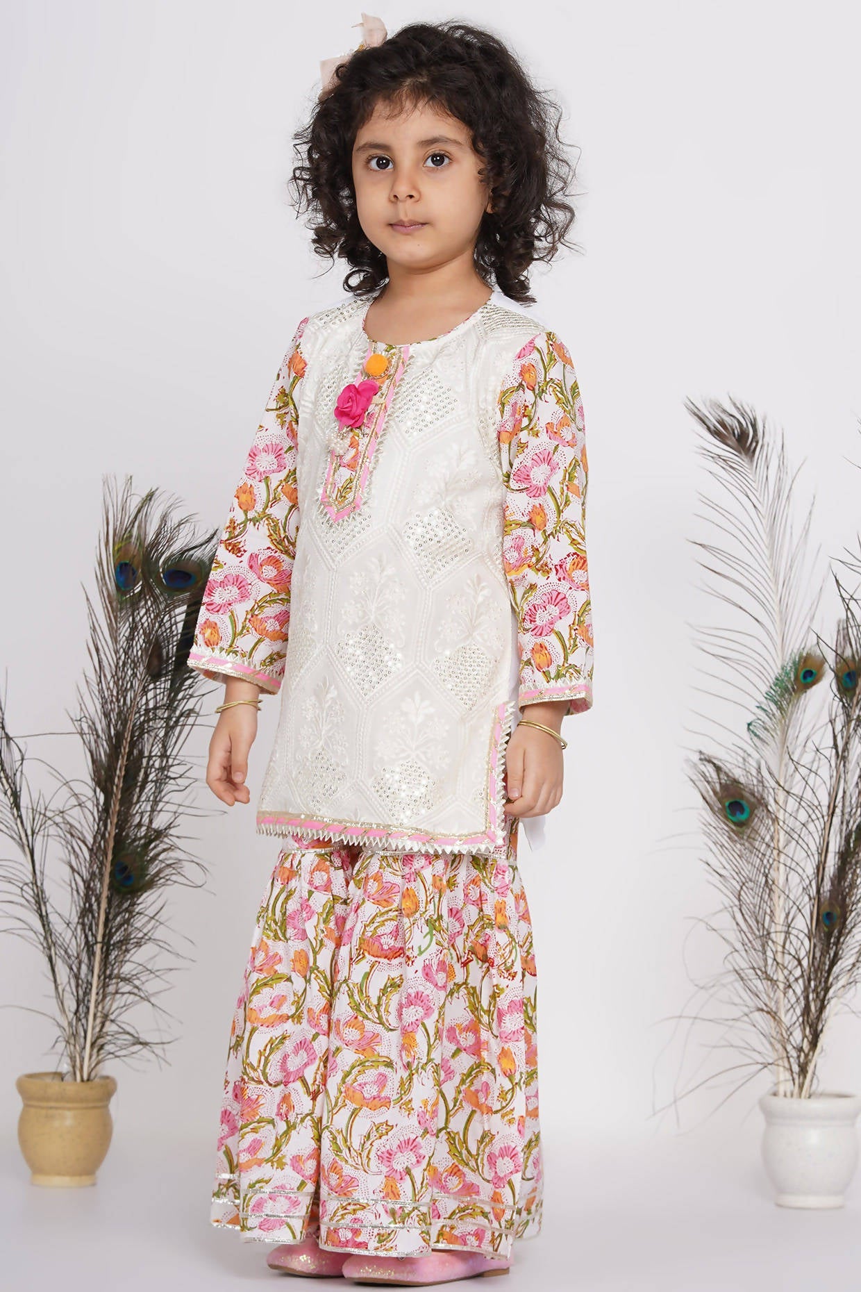 Little Bansi Girls Cotton Floral work Kurta with Floral Sharara & Dupatta - White | Grocsy