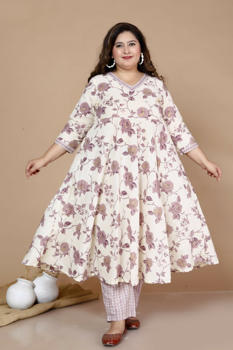 Miravan Women's Plus Size Pink Floral Printed Kurta With Palazzo | Grocsy