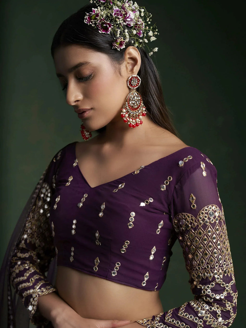 Tulsi Art Alluring Dark Purple Zari Work Georgette Wedding Wear Lehenga Choli | Grocsy