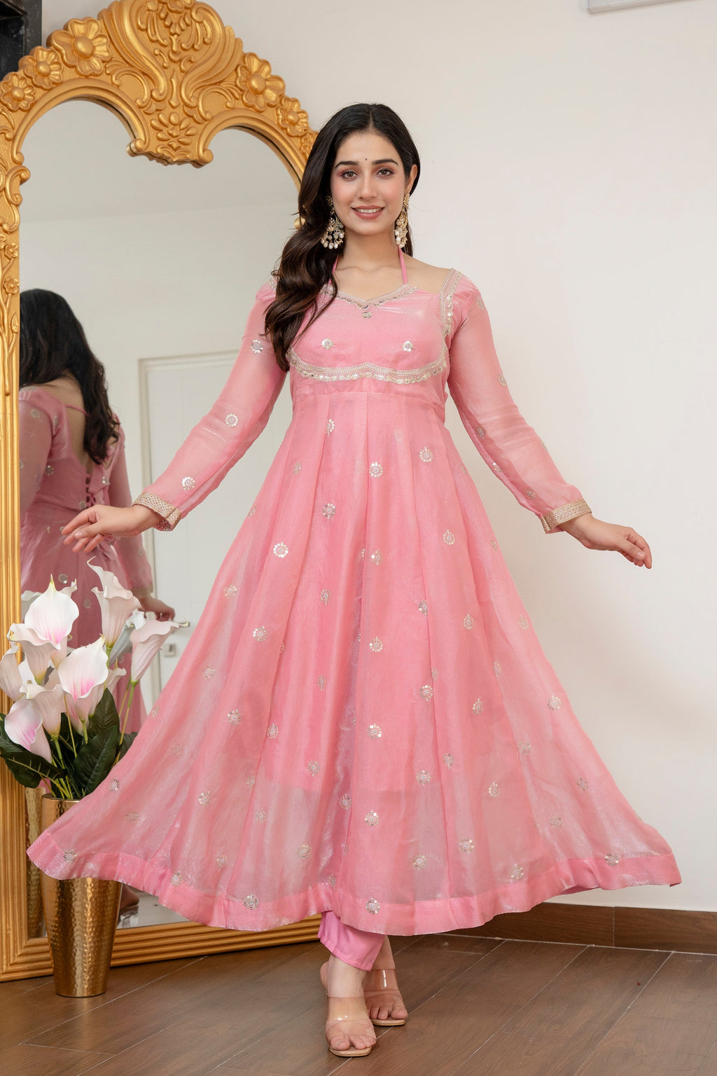 Yash Enterprise Peach Fandy Silk Party Wear Embroidery Suit Set | Grocsy