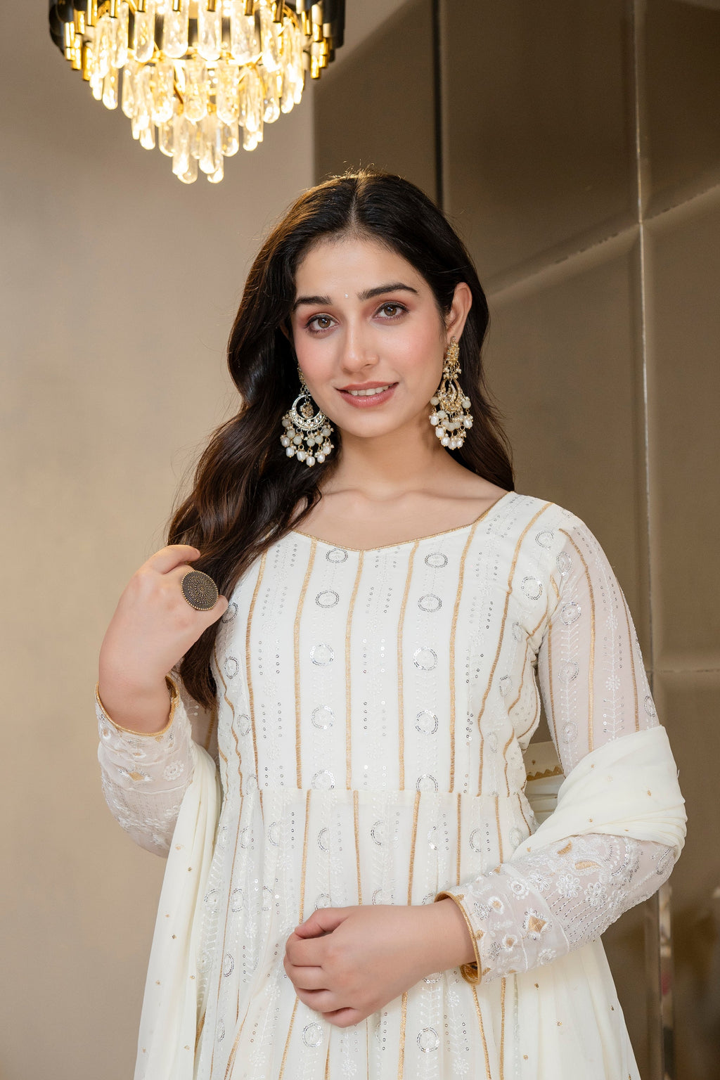 Yash Enterprise Off White Faux Blooming Party Wear Embroidery Suit Set | Grocsy