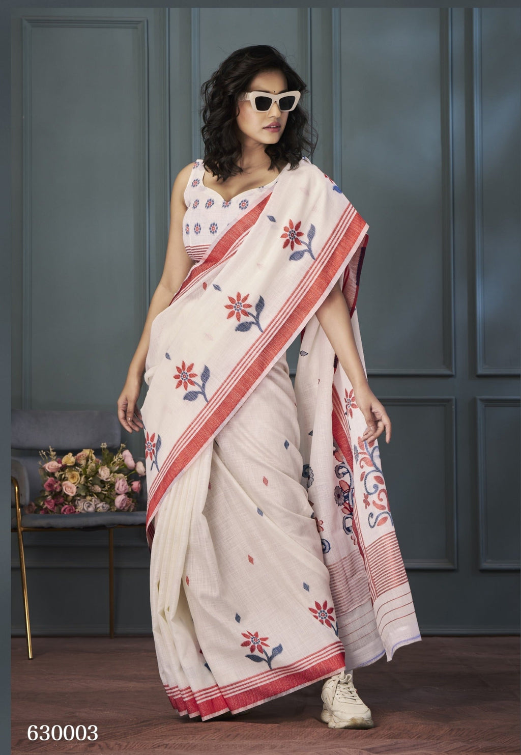 Anaita Off White Designer Weaving Handloom Linen Saree With Blouse | Grocsy