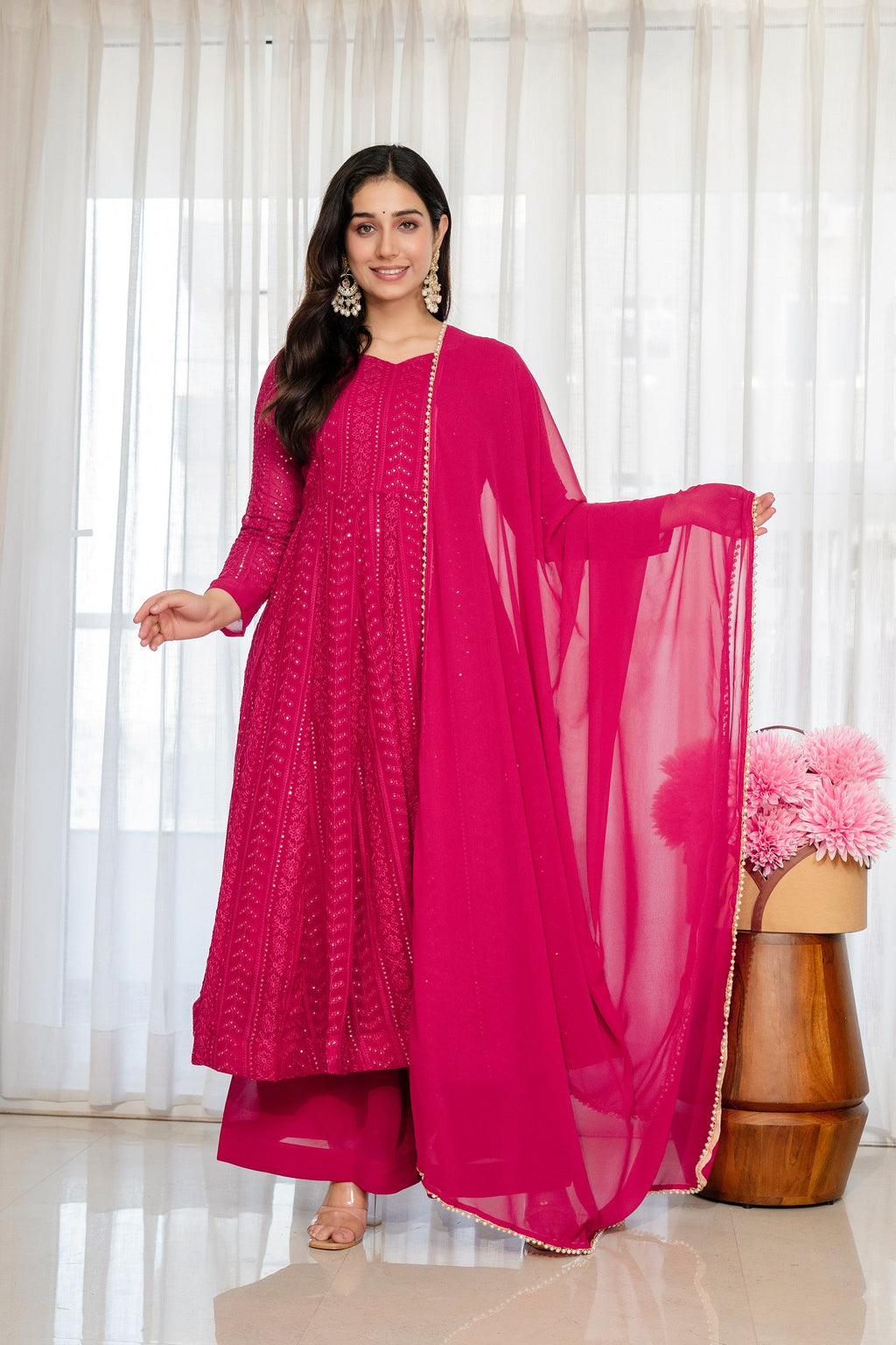 Yash Enterprise Rani Pink Blooming Silk Party Wear Embroidery Sharara Suit Set | Grocsy
