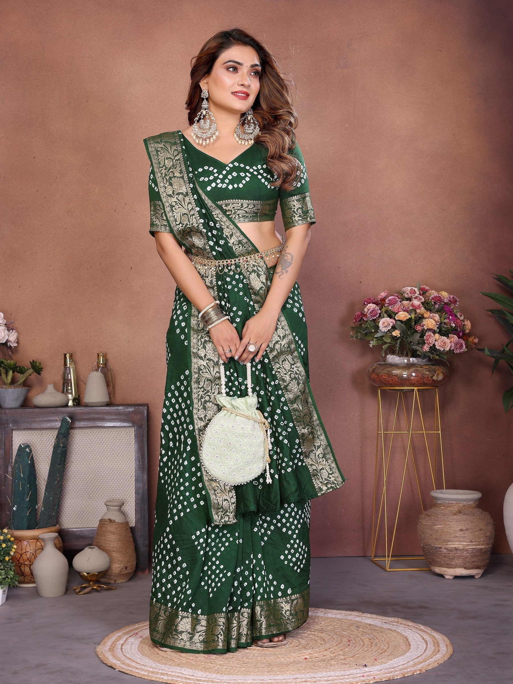 Anaita Green Handmade Bandhej Viscose Silk Saree With Blouse | Grocsy