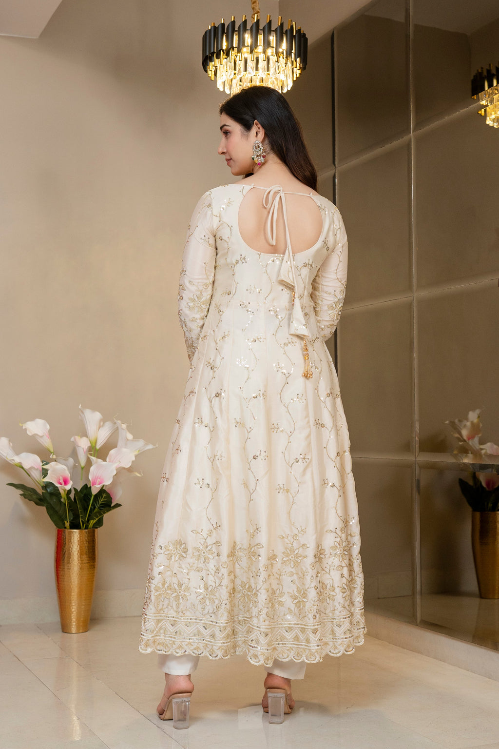 Yash Enterprise Cream Chinon Silk Party Wear Embroidery Suit Set | Grocsy