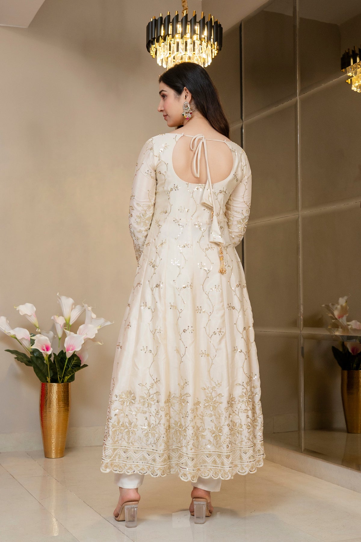 Yash Enterprise Cream Chinon Silk Party Wear Embroidery Suit Set | Grocsy
