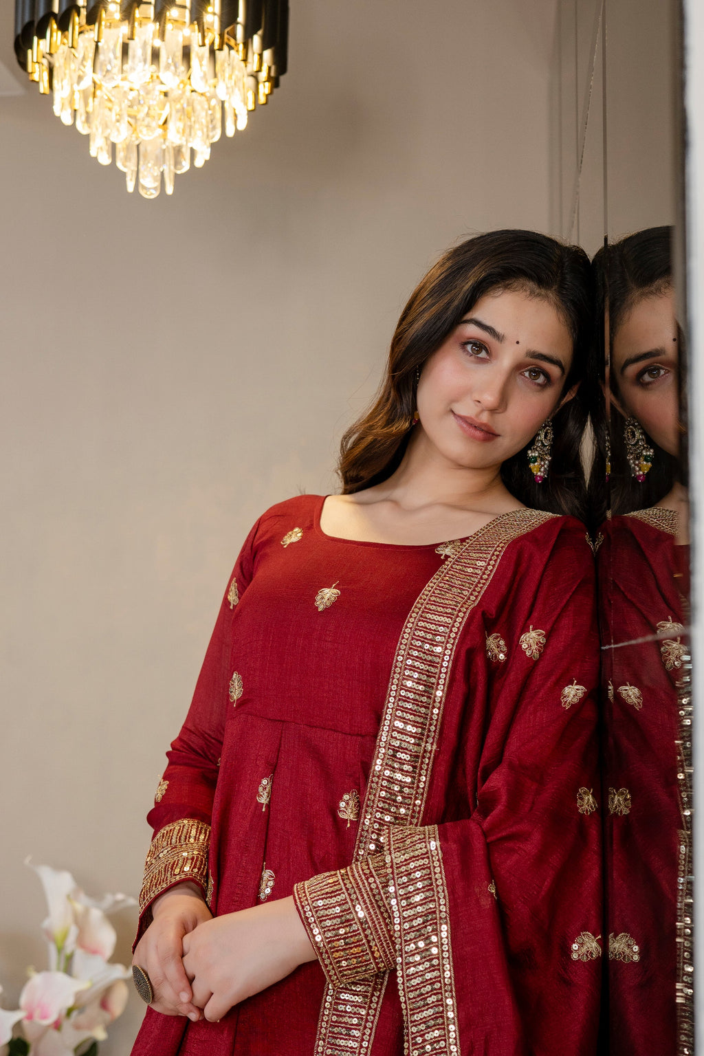 Yash Enterprise Maroon Simmar Silk Party Wear Embroidery Suit Set | Grocsy