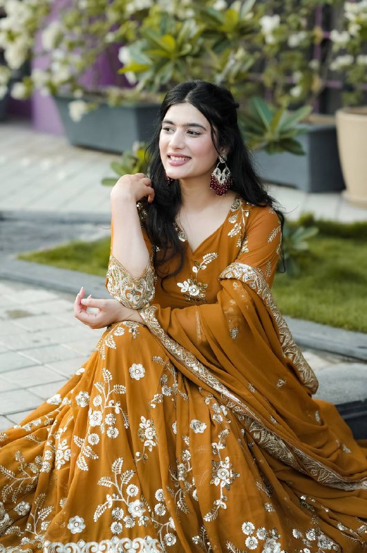 Yash Enterprise Mustard Georgette And Silk Embroidered Anarkali Salwar Suit | Grocsy