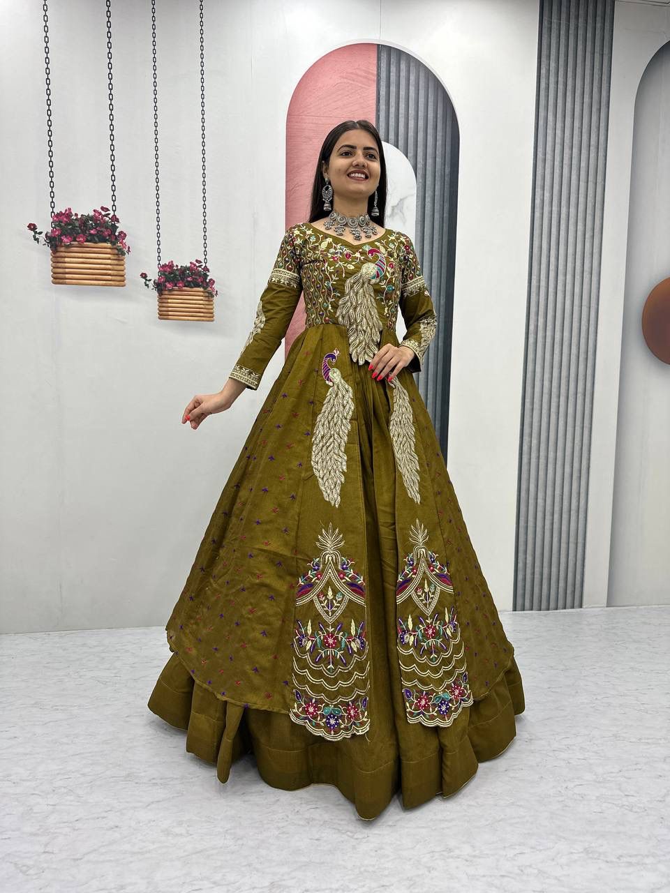 Yash Enterprise Mahendi Green Vichitra Silk Party Wear Embroidery Crop Top With Blouse Lehenga Choli | Grocsy