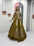 Yash Enterprise Mahendi Green Vichitra Silk Party Wear Embroidery Crop Top With Blouse Lehenga Choli | Grocsy
