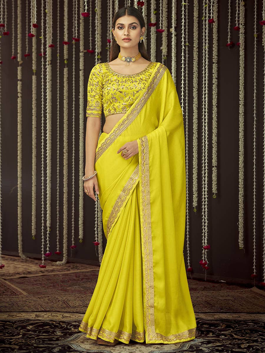 Myra Yellow Chinon Silk Heavy Embroidered Designer Saree | Grocsy