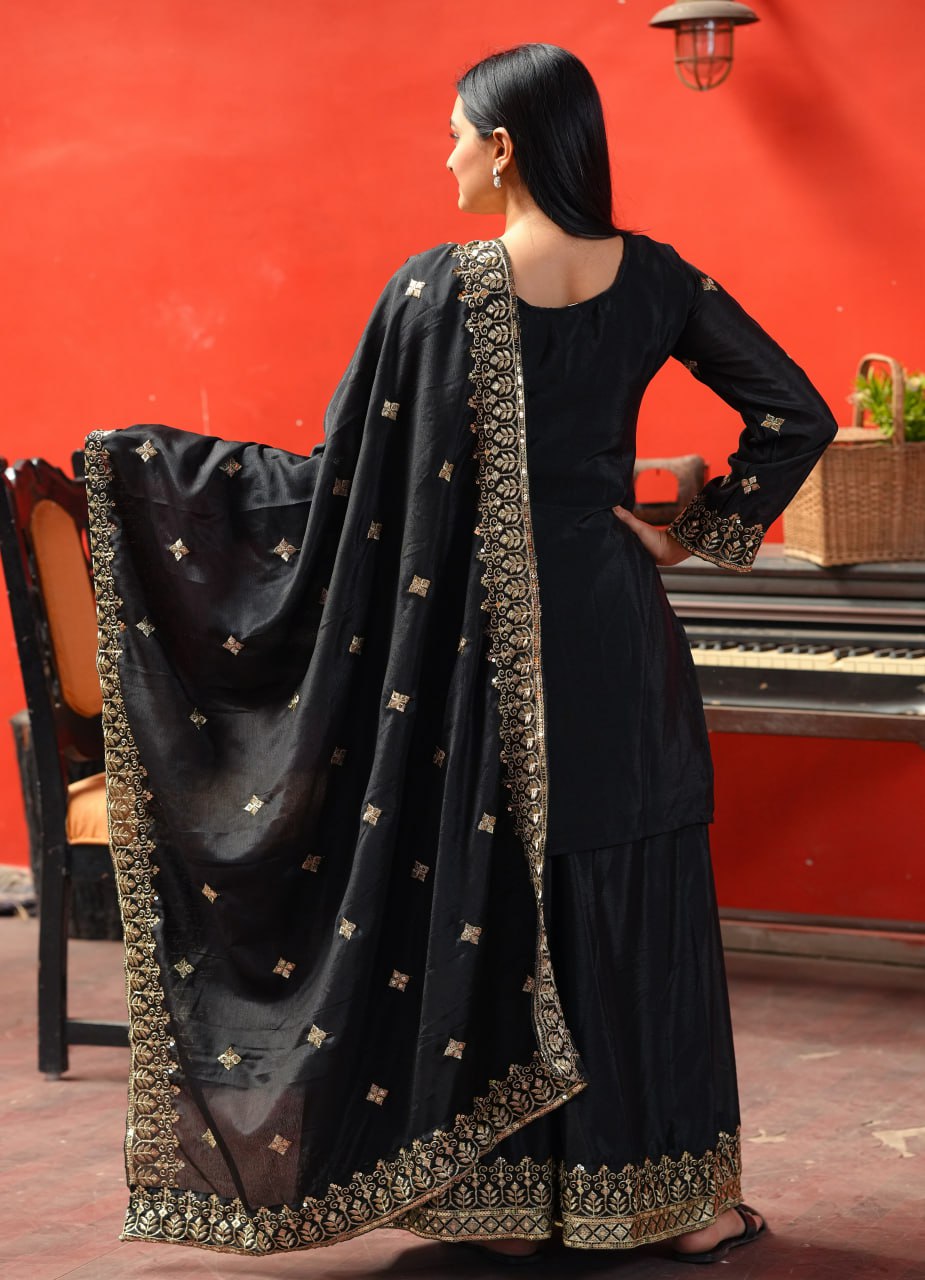 Yash Enterprise Black Chinon Silk Party Wear Embroidery Party Wear Suit Set | Grocsy
