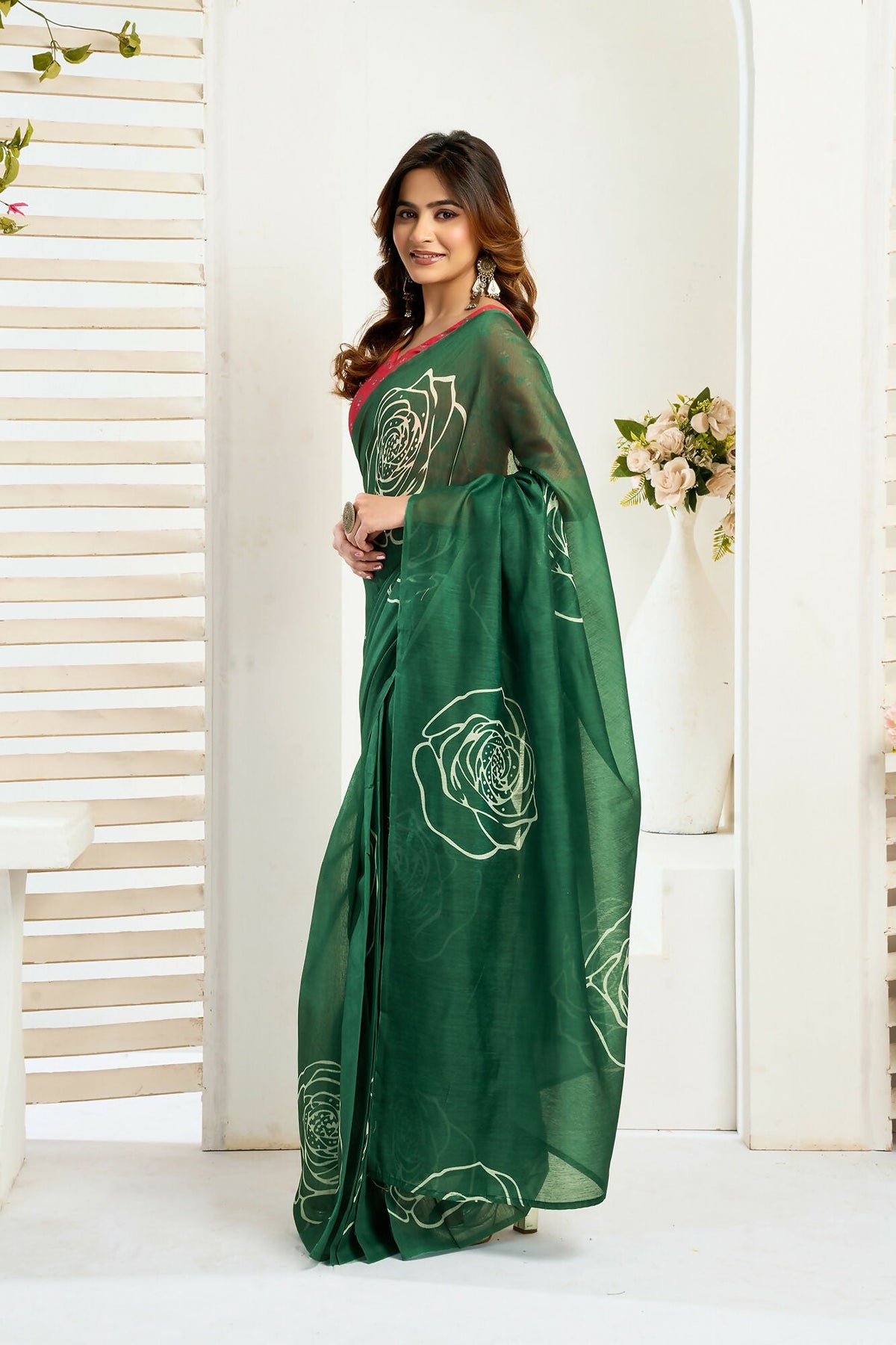 Vastranavya Green Digital Printed Linen Ready To Wear Designer Saree with Unstitched Blouse | Grocsy