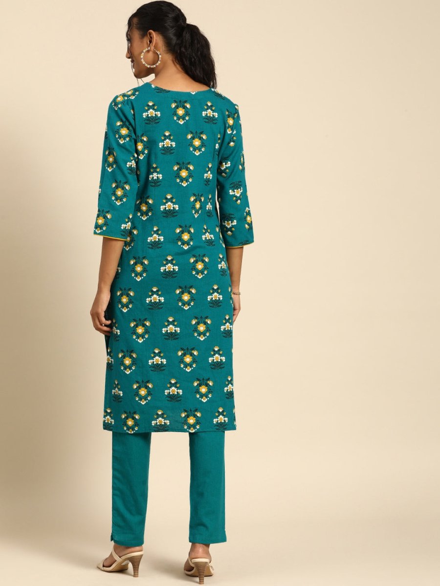All About You Women Teal Blue Floral Printed Regular Pure Cotton Kurta with Trousers | Grocsy