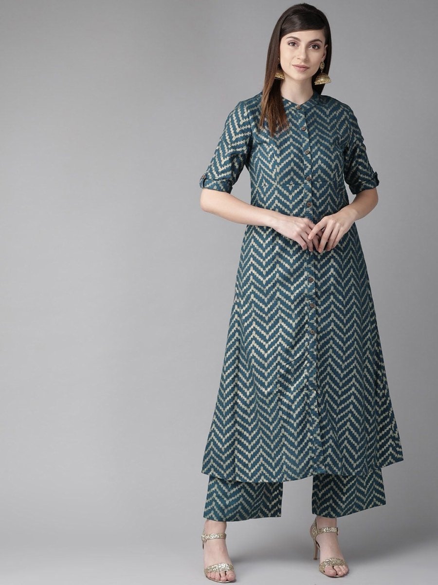 Aks Chevron Printed Band Collar A-Line Kurta | Grocsy