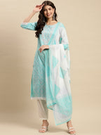 Sangria Turquoise Blue & White Geometric Printed Pure Cotton Kurta With Trouser & Dupatta | Grocsy