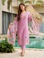 The52 Lavender Women's Gorgeous Embroidered work Viscose Gadhwal Fabric Straight Kurta, Pant and Dupatta Set | Grocsy