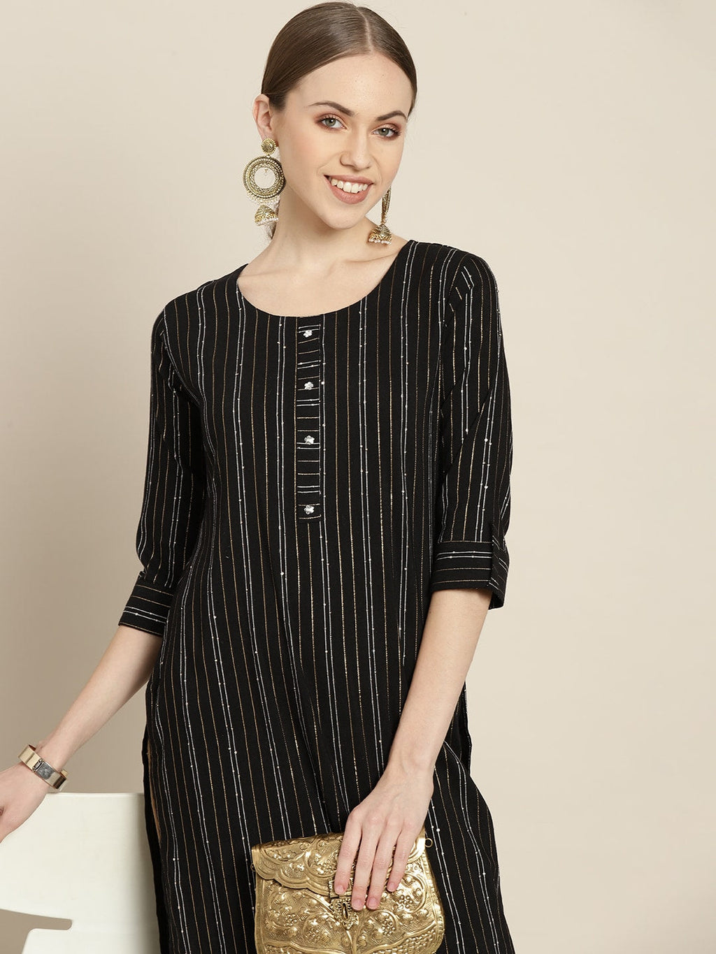 Sangria Women Black & White Striped Sequin Detail Kurta | Grocsy