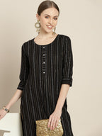 Sangria Women Black & White Striped Sequin Detail Kurta | Grocsy