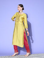 Sangria Ethnic Motifs Yoke Design Regular Sequinned Kurta with Trousers & Dupatta | Grocsy