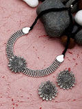 Cardinal Silver-Toned Black Oxidized Choker Necklace Set | Grocsy