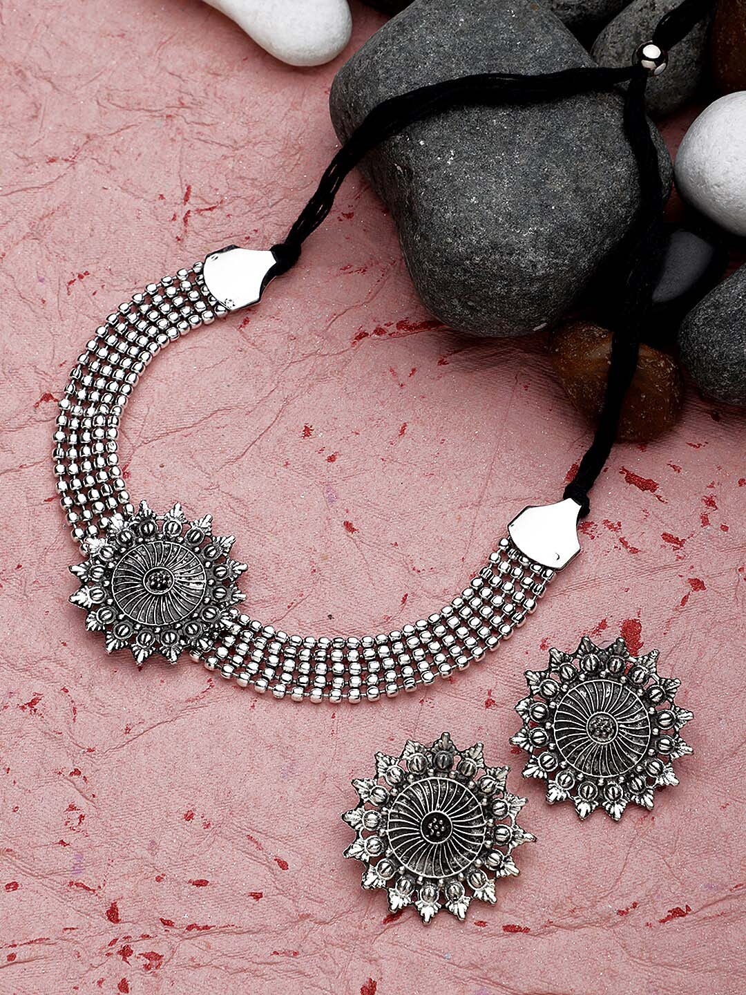 Cardinal Silver-Toned Black Oxidized Choker Necklace Set | Grocsy