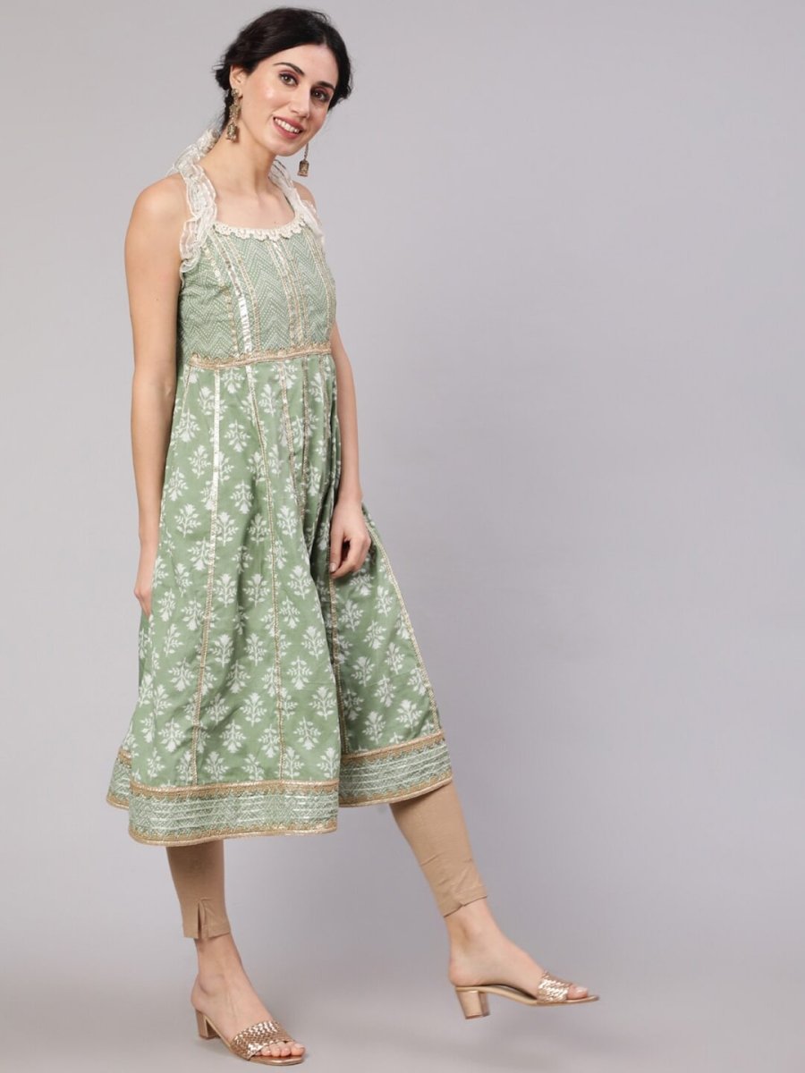 Aks Floral Printed Shoulder Straps Empire Gotta Patti Pure Cotton Kurta | Grocsy