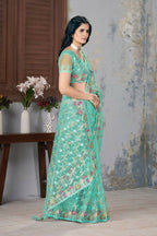 Vastranavya Soft Crush Georgette With Embroidery and Foil Multi Thread Work Saree - Turquoise | Grocsy