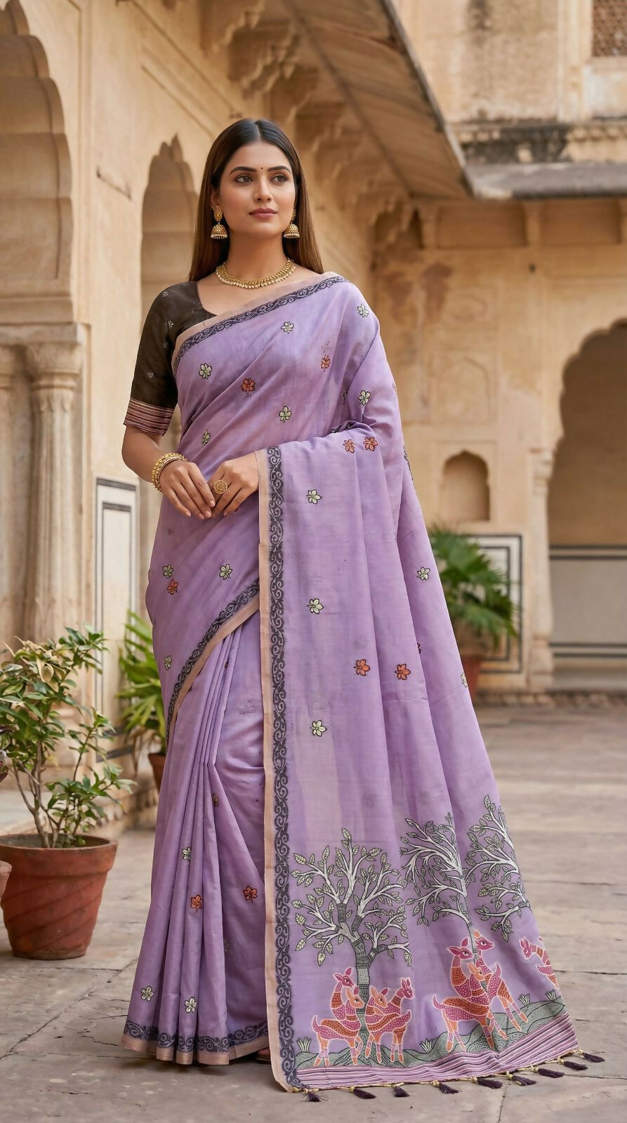 Vastranavya Lavender Muga Cotton Meenakari & Azarakh Pallu Saree with Contrast Blouse | Grocsy