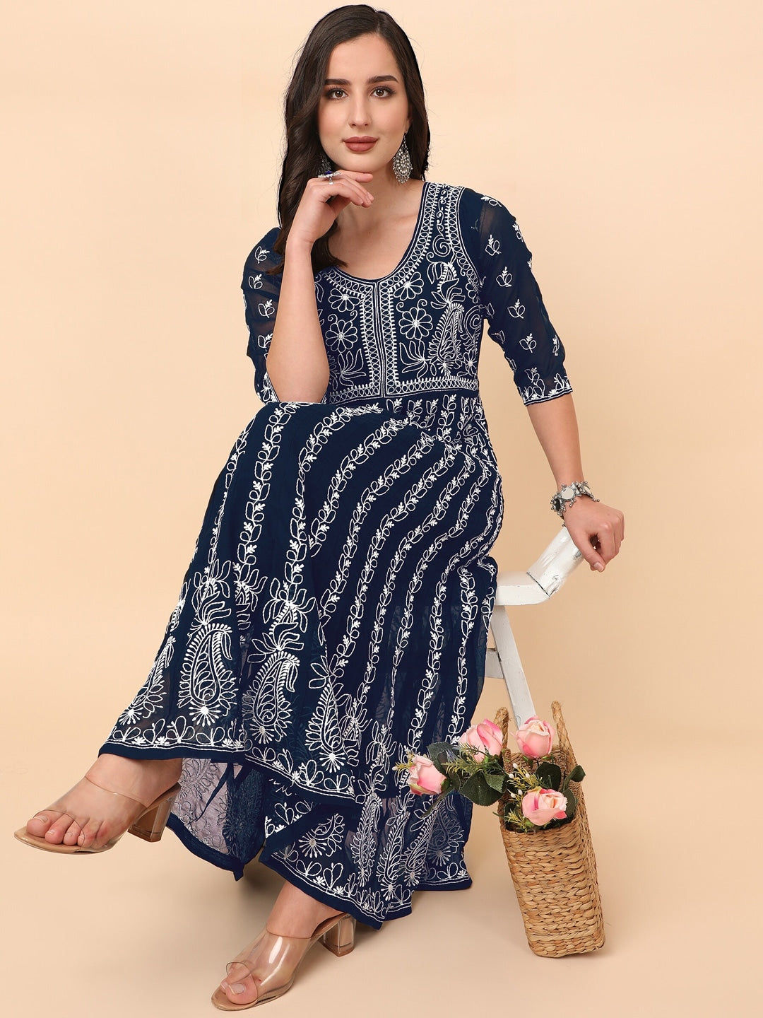 HERE&NOW Women Chikankari Embroidered Thread Work Georgette Anarkali Kurta | Grocsy