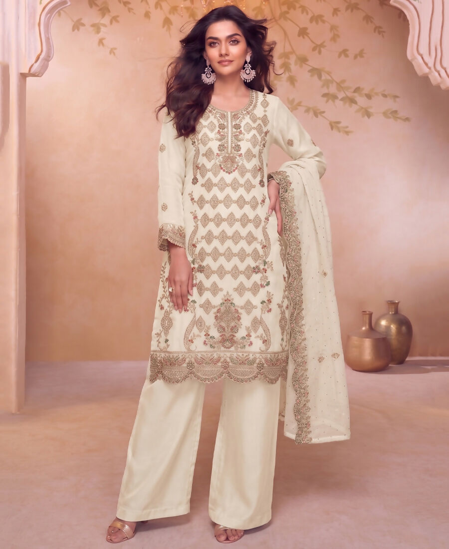 KC Heavy Embroidery Worked Two Ton Moss Silk White Suit For Women | Grocsy