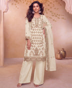 KC Heavy Embroidery Worked Two Ton Moss Silk White Suit For Women | Grocsy