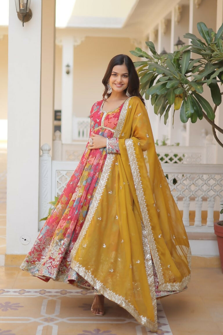 Jyoti Fashion Women's Pink & Yellow Russian Silk Sequins Zari Embroidery Anarkali Dress with Dupatta | Grocsy