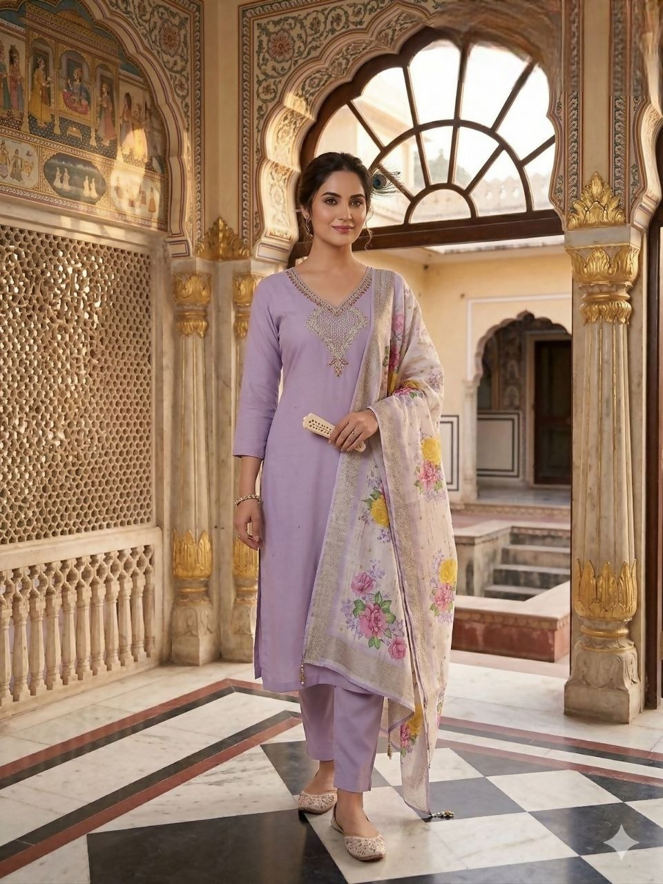 Teeya Creation Womens New Fancy Premium Mul Chanderi Kurta Set - Lavender | Grocsy