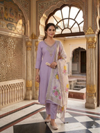 Teeya Creation Womens New Fancy Premium Mul Chanderi Kurta Set - Lavender | Grocsy