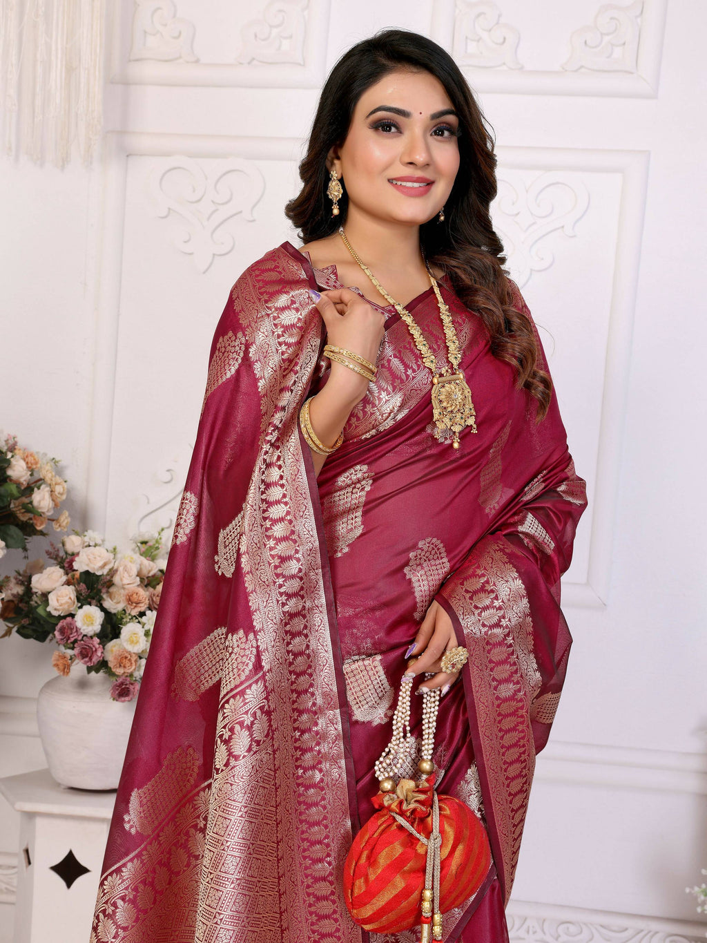 Aastha Fashion Wine Soft Organza Silk Weaving Saree | Grocsy