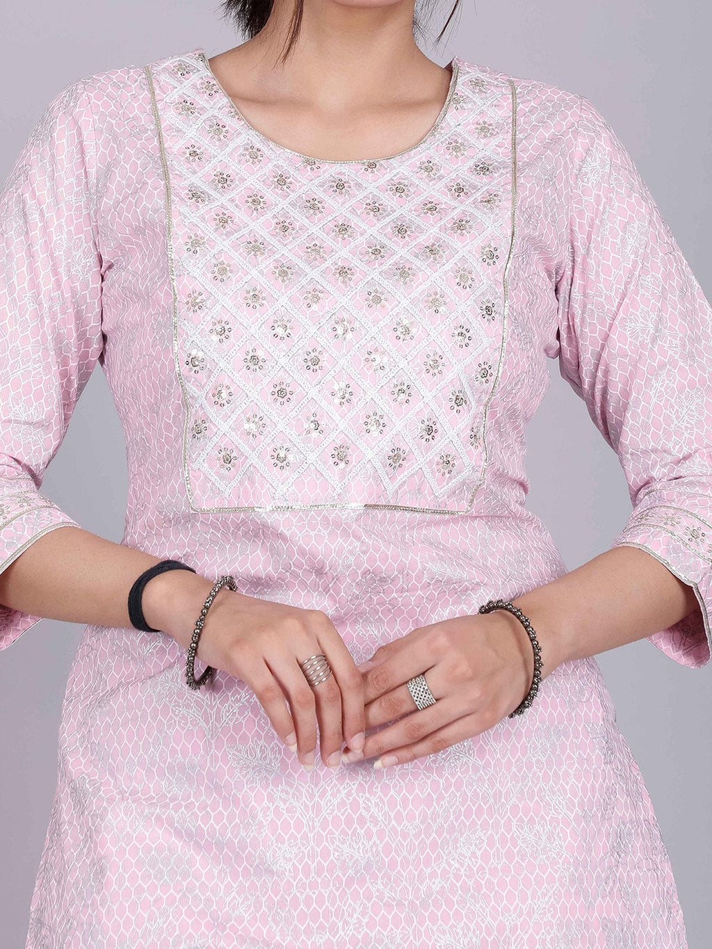 HERE&NOW Pink Ethnic Motifs Embroidered Sequinned Pure Cotton Kurta with Palazzos | Grocsy