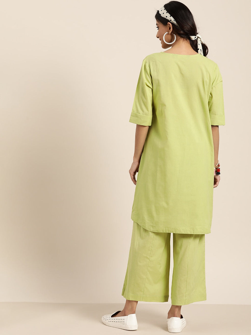 Sangria Women Green & White Embroidered Pure Cotton Asymmetric Kurta with Palazzos | Grocsy