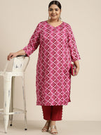Sztori Women Plus Size Pink & Off White Printed Kurta | Grocsy