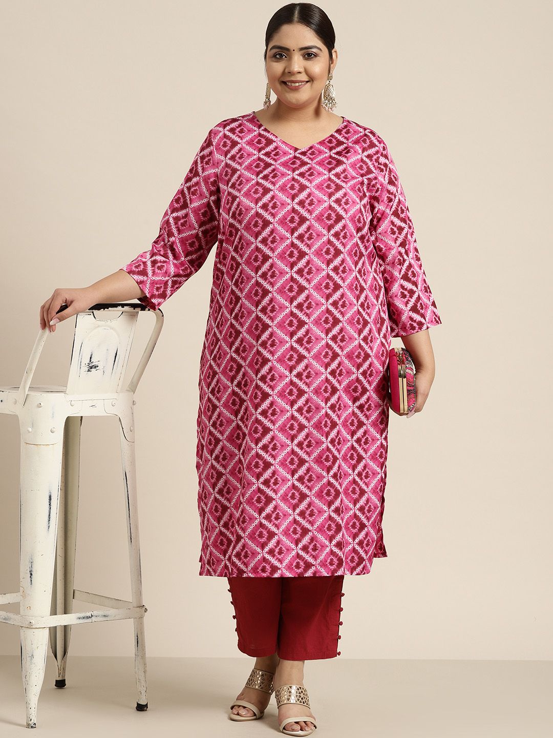 Sztori Women Plus Size Pink & Off White Printed Kurta | Grocsy