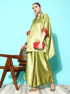 InWeave Women's Olive Red Brocade Satin Boho Kurta Palazzo Set | Grocsy
