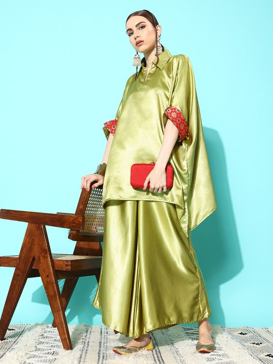 InWeave Women's Olive Red Brocade Satin Boho Kurta Palazzo Set | Grocsy