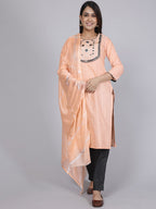 HERE&NOW Women Orange Floral Yoke Design Mirror Work Kurta with Trousers & Dupatta | Grocsy